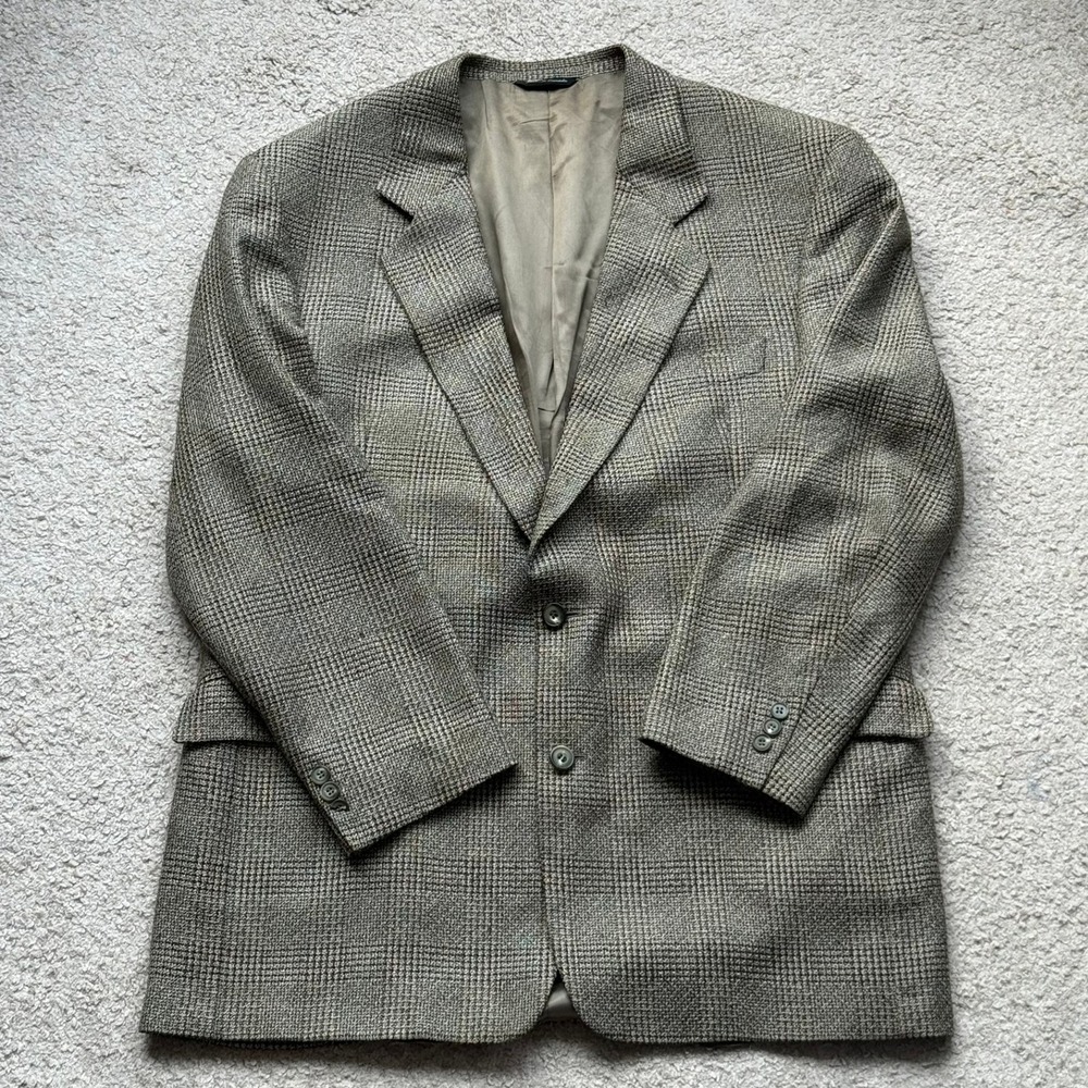 Cambridge Mens Silk Wool Glen Plaid Blazer Sport Coat Olive Green Made in Canada